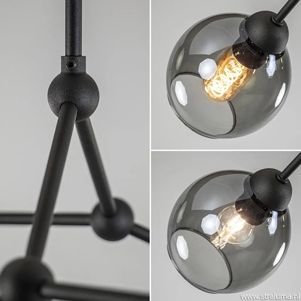 Straluma Plafondlamp 4-armen zwart+smoke bolglas> Keukenverlichting|Eetkamerverlichting
