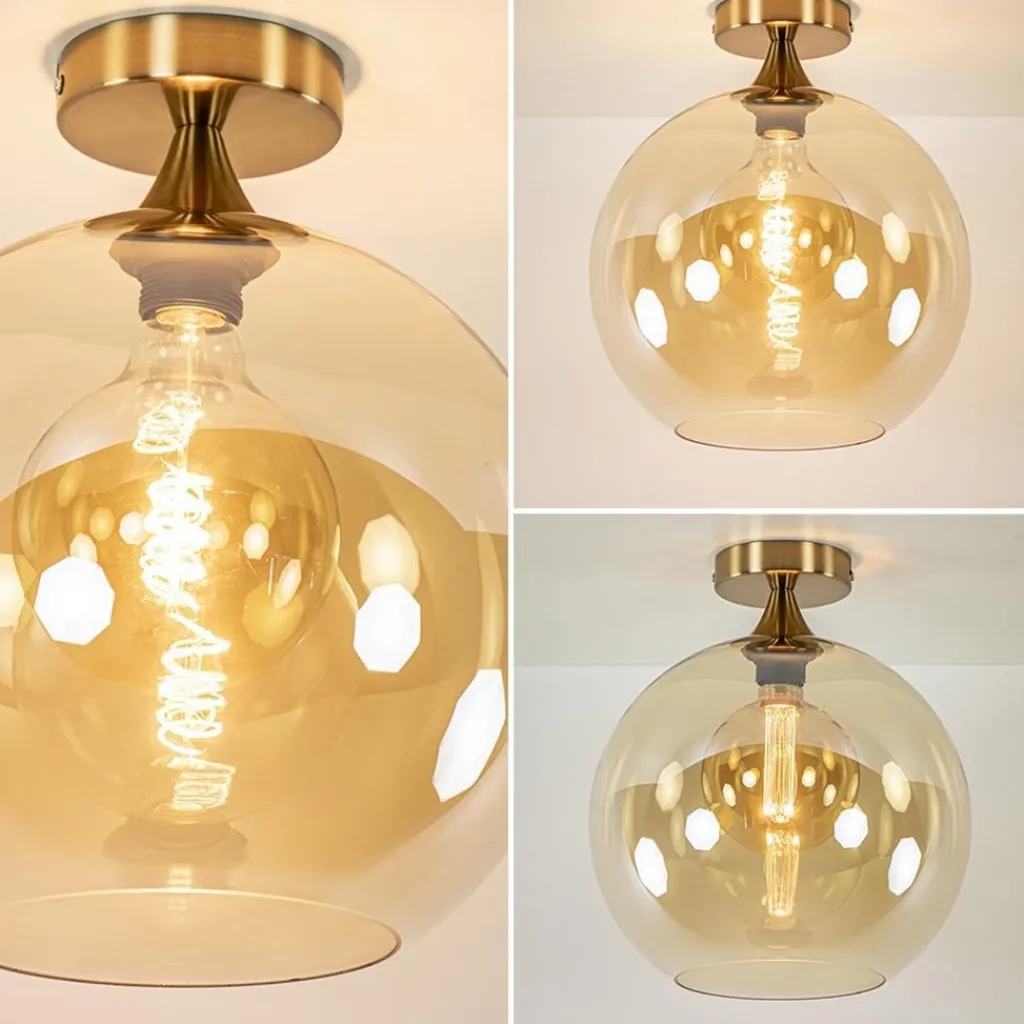 Straluma Plafondlamp goud met amber glazen bol 30 cm> Woonkamerlampen|Slaapkamerlampen