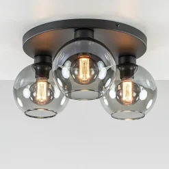 Straluma Plafondlamp 3L zwart  bolglas smoke> Halverlichting|Plafondlampen