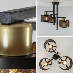 Straluma Plafondlamp 3L zwart/goud cilinder geperforeerd><noscript><img width=