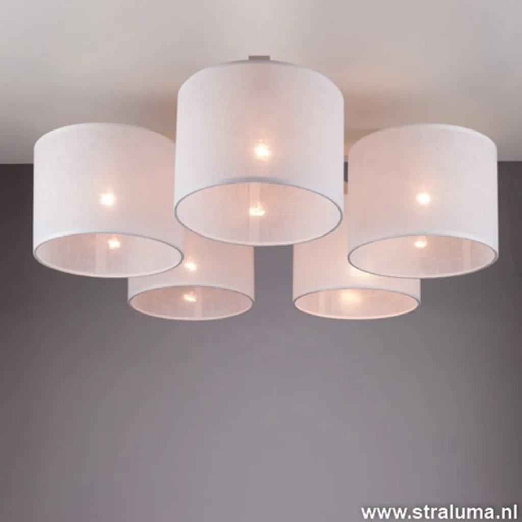Straluma Plafondlamp 5-lichts hout/cilinderkap wit> Woonkamerlampen|Eetkamerverlichting