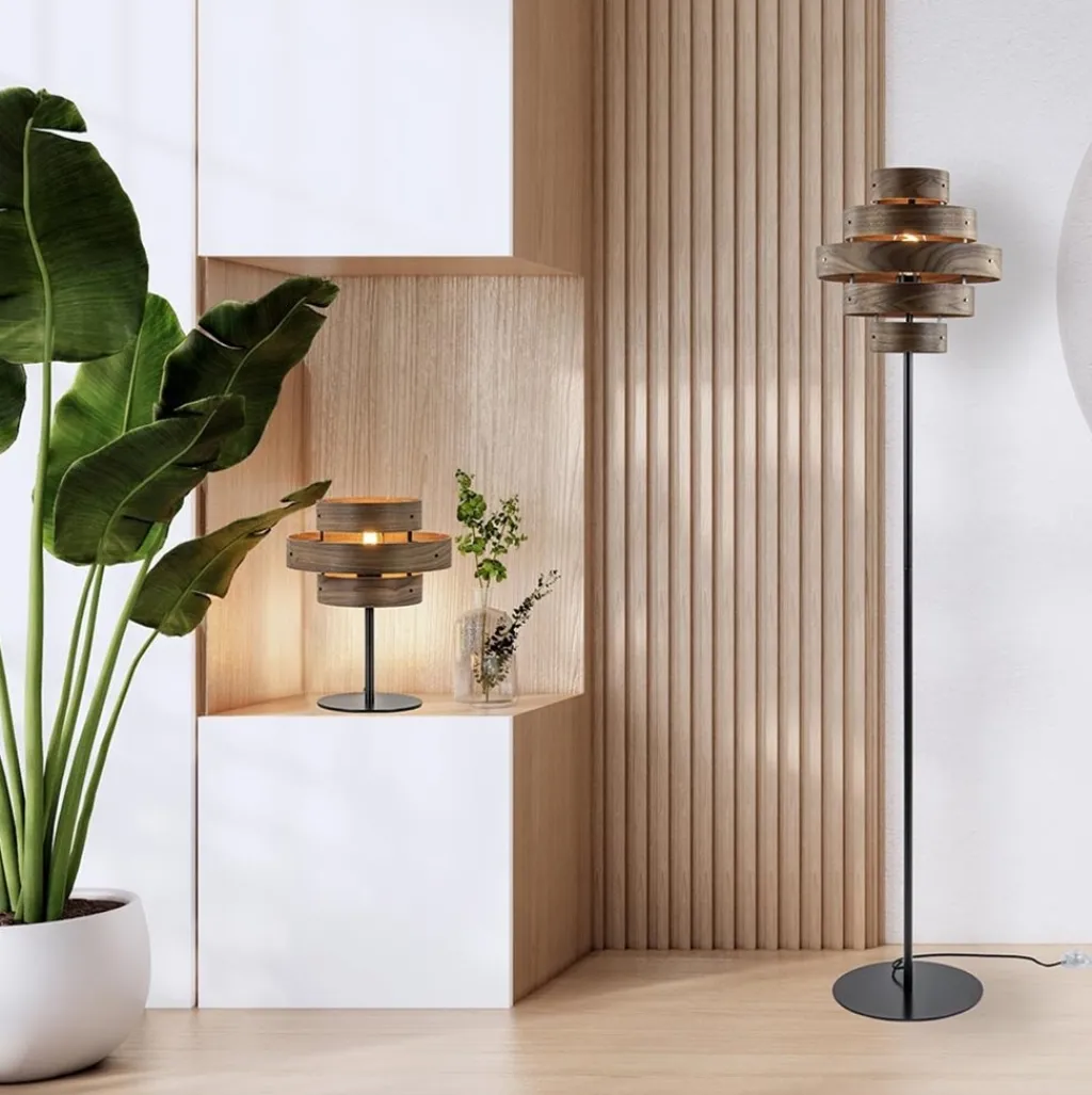 Straluma Retro vloerlamp zwart met walnoot houten kap> Woonkamerlampen|Slaapkamerlampen