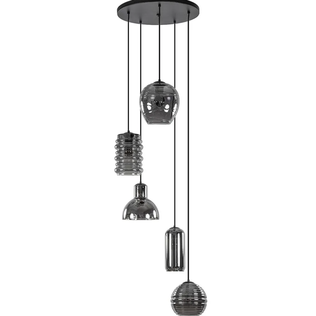 Straluma Ronde 5-lichts hanglamp zwart met diverse smoke glazen> Keukenverlichting|Halverlichting