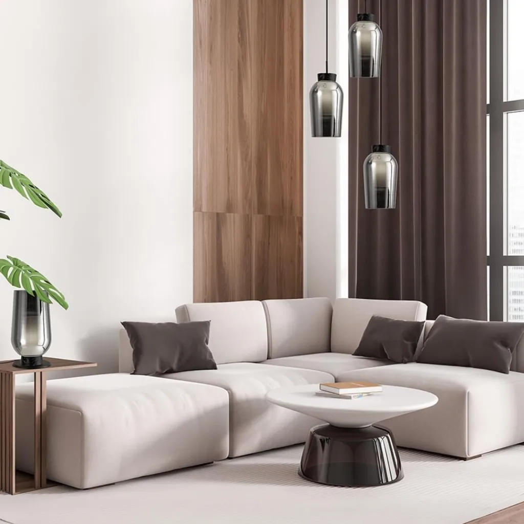 Straluma Ronde 3-lichts hanglamp zwart/marmer met smoke glas> Eettafellampen|Eetkamerverlichting