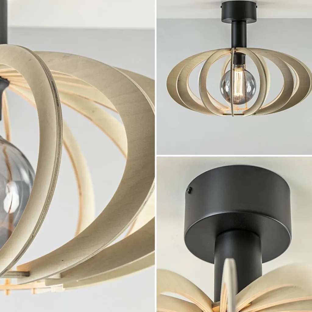 Straluma Scandinavische plafondlamp mat zwart met houten kap> Keukenverlichting|Plafondlampen