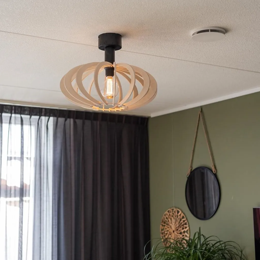 Straluma Scandinavische plafondlamp mat zwart met houten kap> Keukenverlichting|Plafondlampen