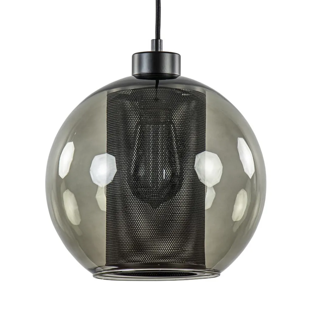 Straluma Smoke glazen hanglamp bol met zwarte gaas cilinder> Nachtkastlampen|Pendel Lampen