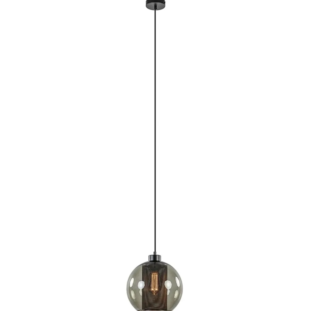 Straluma Smoke glazen hanglamp bol met zwarte gaas cilinder> Nachtkastlampen|Pendel Lampen