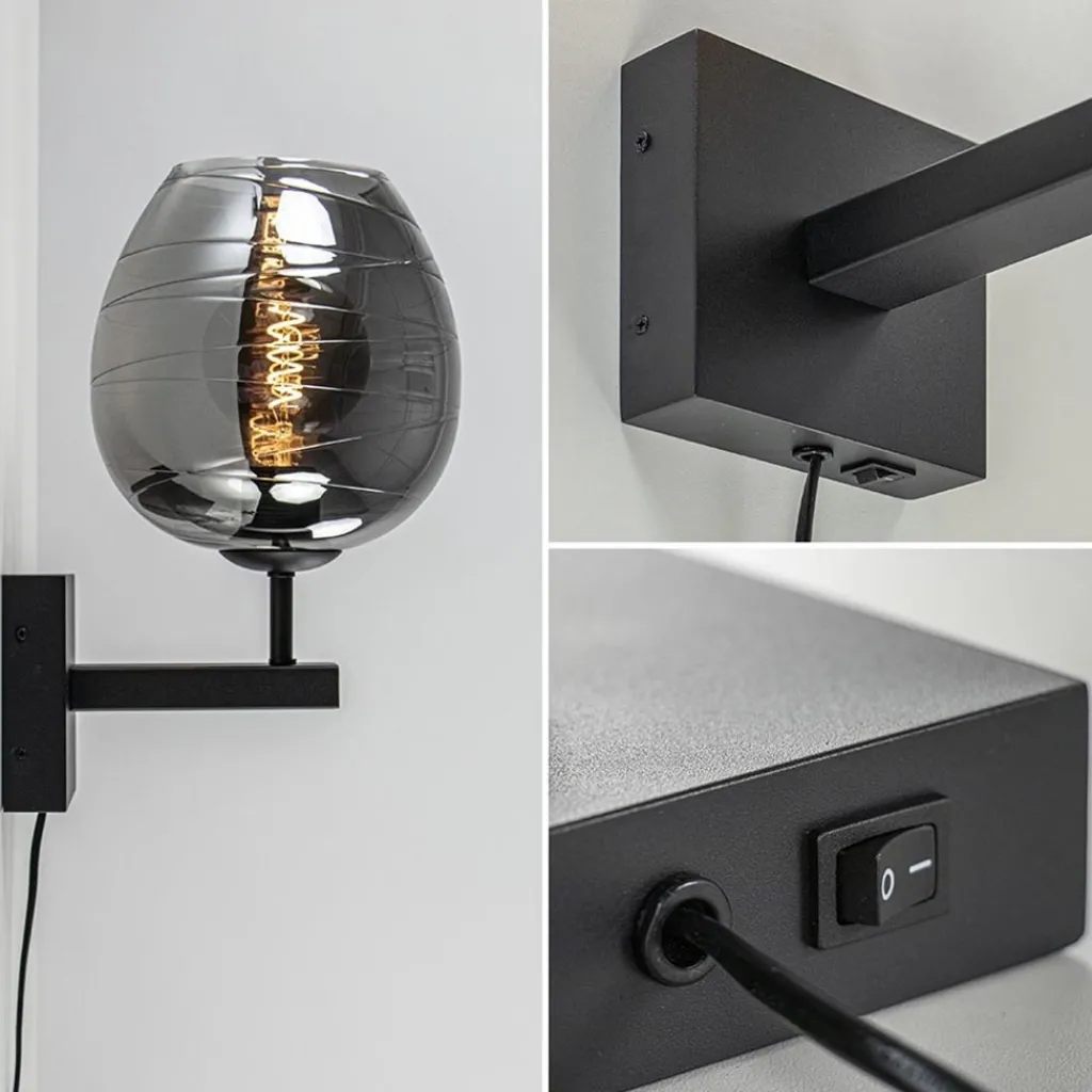 Straluma Smoke glazen wandlamp met zwart inclusief snoer> Halverlichting|Wandlampen