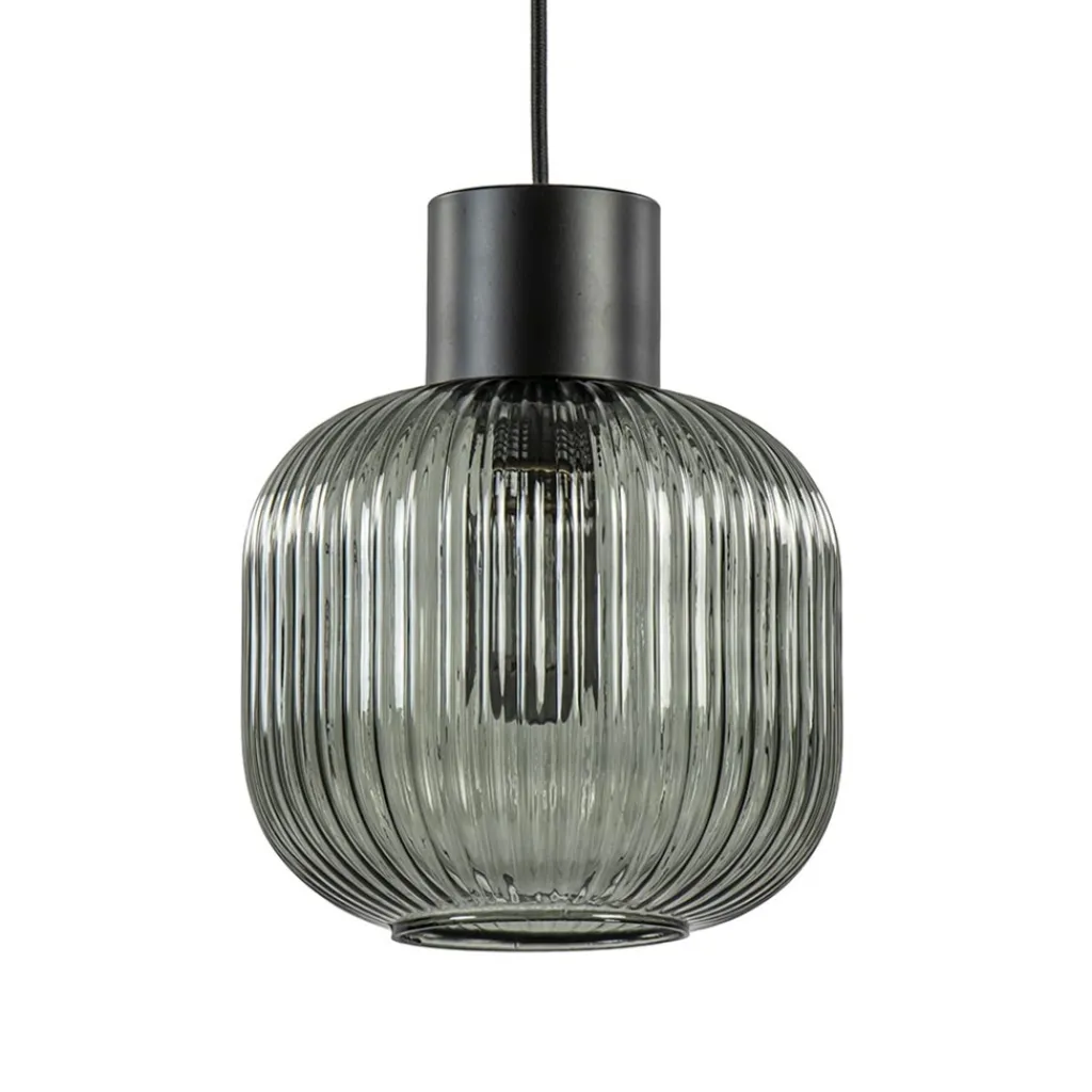Straluma Stijlvolle hanglamp smoke glas geribbeld met zwart> Woonkamerlampen|Slaapkamerlampen