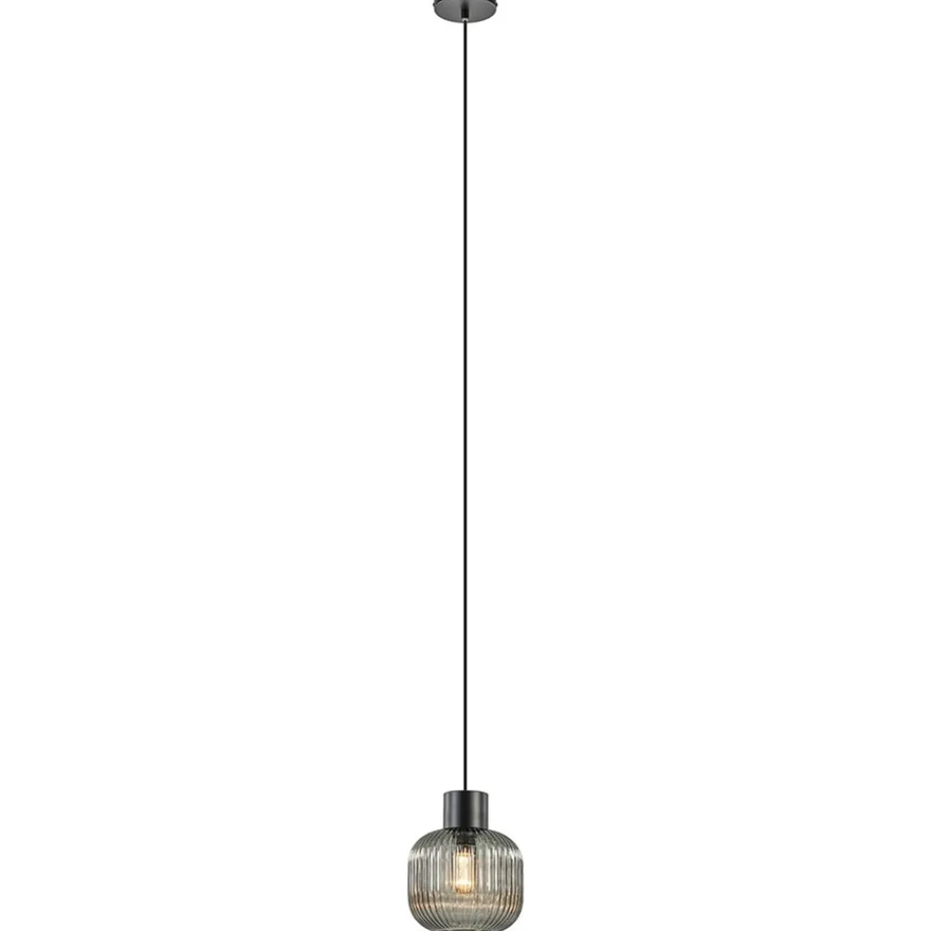 Straluma Stijlvolle hanglamp smoke glas geribbeld met zwart> Woonkamerlampen|Slaapkamerlampen