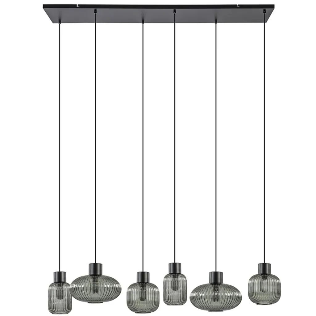Straluma Stijlvolle 6-lichts eettafelhanglamp zwart met smoke glas> Eettafellampen|Pendel Lampen