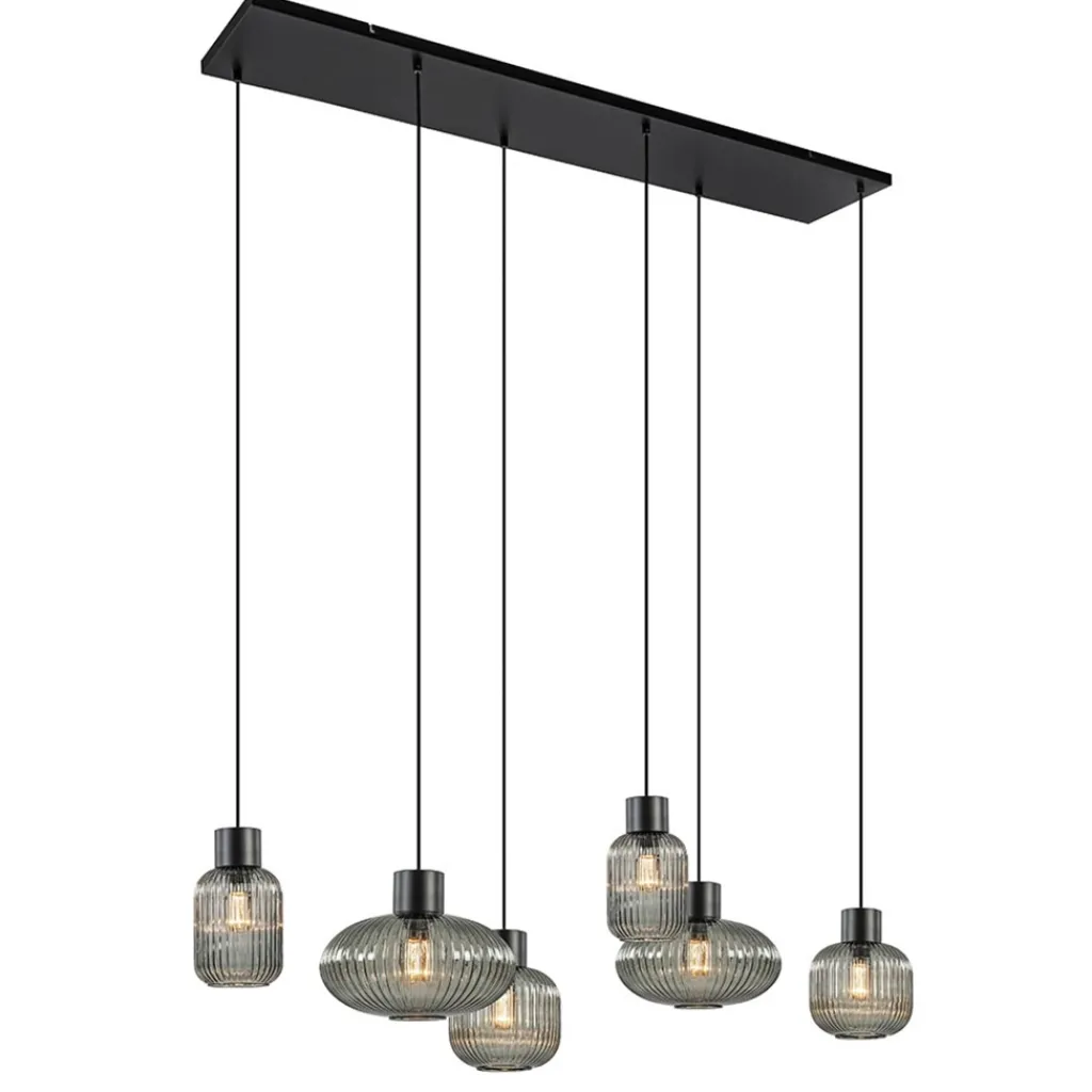 Straluma Stijlvolle 6-lichts eettafelhanglamp zwart met smoke glas> Eettafellampen|Pendel Lampen