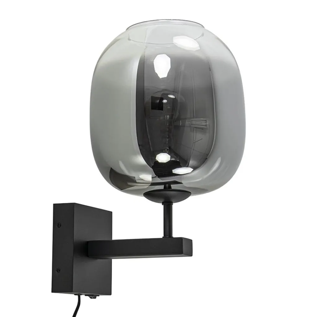 Straluma Trendy wandlamp zwart met smoke glazen kap en snoer> Wandlampen|Luxe Verlichting