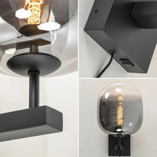 Straluma Trendy wandlamp zwart met smoke glazen kap en snoer> Wandlampen|Luxe Verlichting