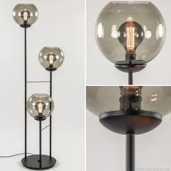 Straluma Vloerlamp 3-L zwart met bolglas smoke> Woonkamerlampen|Vloerlampen