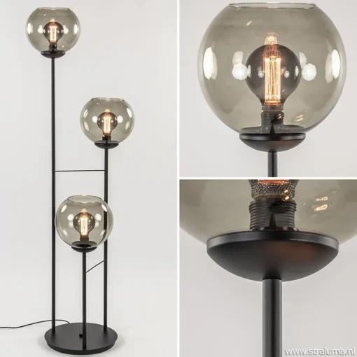 Straluma Vloerlamp 3-L zwart met bolglas smoke> Woonkamerlampen|Vloerlampen