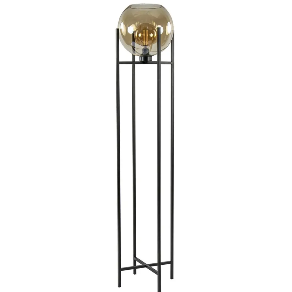 Straluma Vloerlamp zwart + amber glazen bol> Vloerlampen|Industriële Verlichting