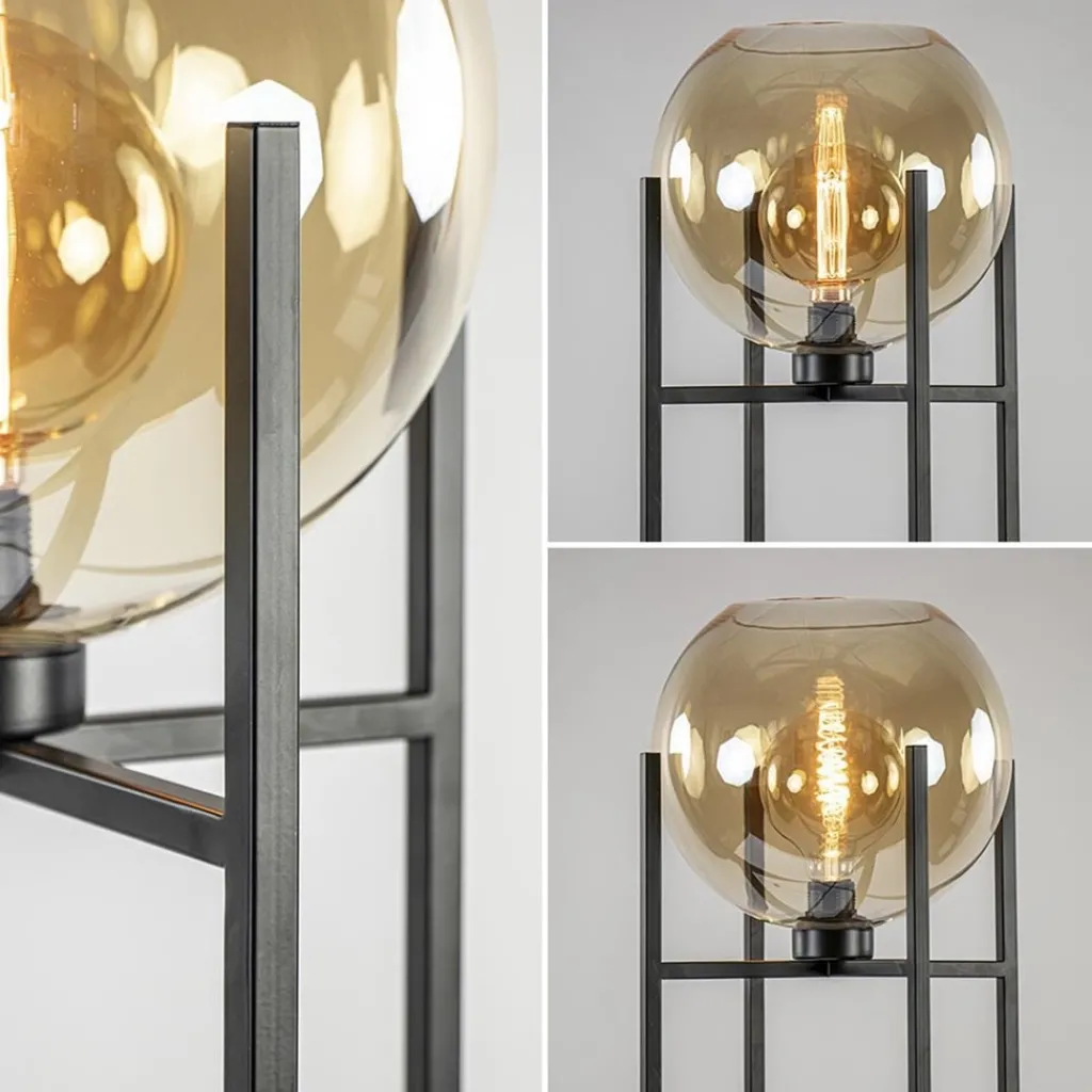 Straluma Vloerlamp zwart + amber glazen bol> Vloerlampen|Industriële Verlichting