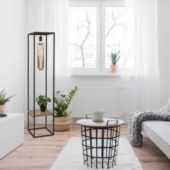 Straluma Vloerlamp zwart frame met houten plank><noscript><img width=
